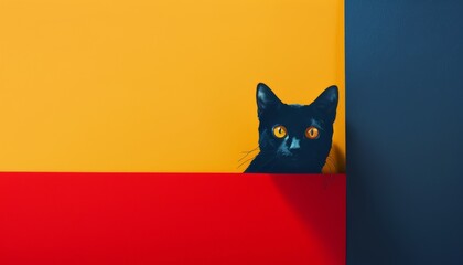 A minimalist cut out college art of a slacker kitty in front of a vibrant abstract background of red, yellow, and navy. Rule of thirds composition with negative space. - obrazy, fototapety, plakaty