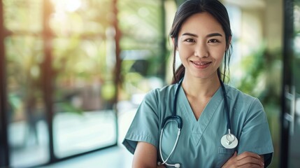 Smiling Woman in Scrubs in Clinic