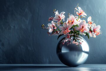 A high-definition picture of exotic flowers in a sleek metallic vase, adding a modern touch.