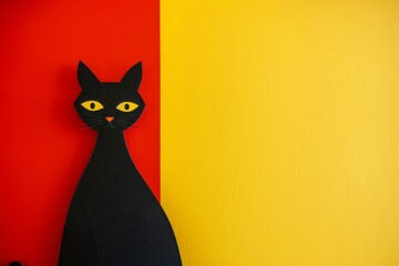 A cut out art of slacker kitty in front of a bold red and yellow abstract background. Minimal design with negative space, following rule of thirds.