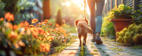 Little boy walking with his puppy outdoors. Friendship and domestic animal concept.
