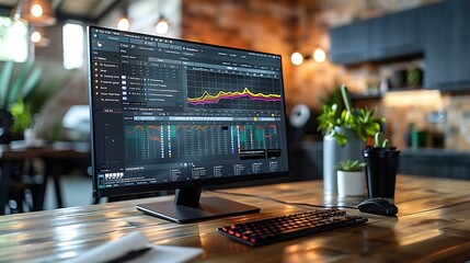 Create a high-resolution image of a PC monitor displaying a detailed Gantt chart used for tracking a major project's timeline and deliverables. - obrazy, fototapety, plakaty