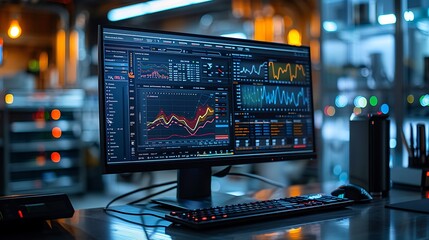 Create a high-resolution image of a PC monitor in a modern environmental research facility, displaying detailed graphs and maps tracking global carbon emissions.