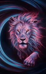 A striking and vibrant display of electrical plasma that coalesces into an awe-inspiring, otherworldly lion. The lion's ethereal form emanates a mesmerizing energy that captivates the viewer, creating