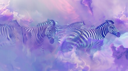 Fototapeta na wymiar Artist in abstract fashion, drifting zebras, surreal lavender mist