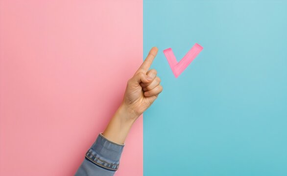 Hand pointing at a check mark on pink and blue background generative ai