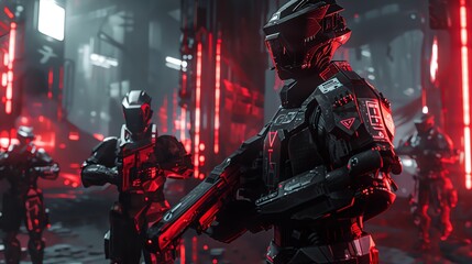 Cybernetic hell guards patrolling neonlit, dystopian ruins