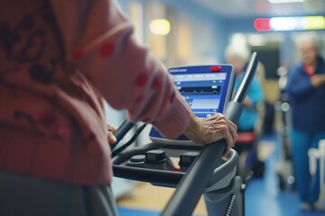 Older person using a treadmill in a health facility