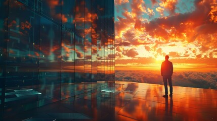 A businessman stands on a rooftop overlooking a city at sunset. - obrazy, fototapety, plakaty