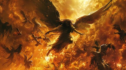 Dark angel descending into a fiery abyss, surrounded by nightmare creatures