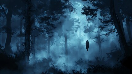 Deep forest at midnight, misty with the silhouette of a hanging figure