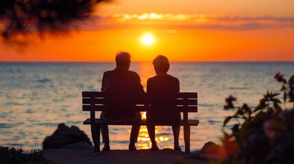 Fototapeta na wymiar A couple is sitting on a bench watching the sunset over the ocean.