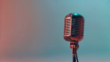 Horizontal AI illustration vintage microphone with gradient backdrop. Hobbies and entertainment.
