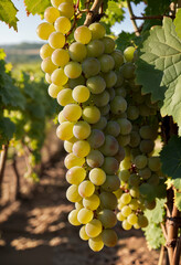 A bunch of ripe green grapes growing on a bush in the rows of a vineyard on a sunny day