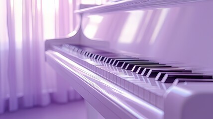 Horizontal AI illustration piano keys in soft violet light. Hobbies and entertainment concept.
