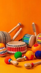 Vertical AI illustration vibrant percussion instruments collection. Hobbies, entertainment concept.