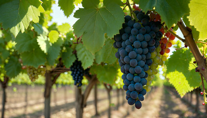 A bunch of ripe blue grapes growing on a bush in the rows of a vineyard on a sunny day. Close up