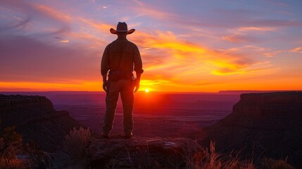 A cowboy stands on a cliff watching the sunset over a canyon.