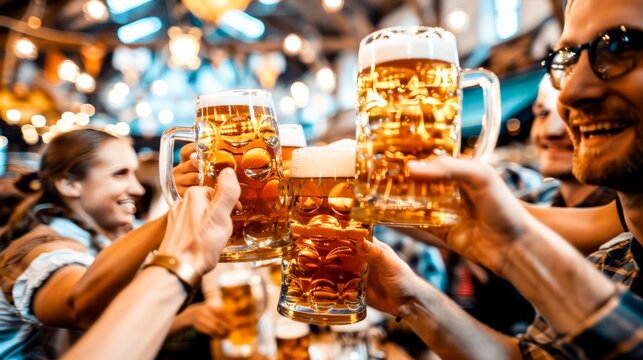 An immersive view of the Oktoberfest in Munich, with festival-goers in traditional lederhosen and dirndls clinking steins of beer.