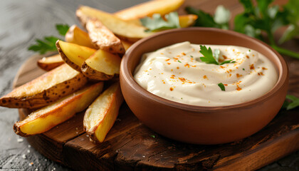 Bowl of mayonnaise with dipped potato wedge on wooden board, closeup - obrazy, fototapety, plakaty