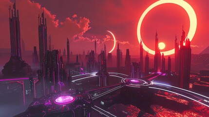 Hellinspired neon cityscape with futuristic sin towers - obrazy, fototapety, plakaty