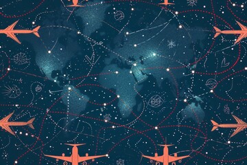 Watercolor drawn seamless airplanes routes over globe earth, concept of travel around the world	
 - obrazy, fototapety, plakaty