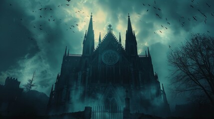 A dark and gloomy cathedral with a large clock tower.
