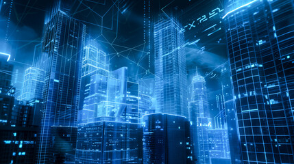 Fototapeta premium futuristic tall buildings illuminated with blue lights and is enhanced with digital graphics and lines