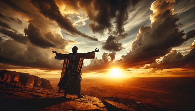 a person in ancient robes standing with their back to the viewer, arms raised wide open as if embracing the sky