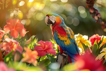 Obraz premium Colorful Companions: Parrots in the Garden