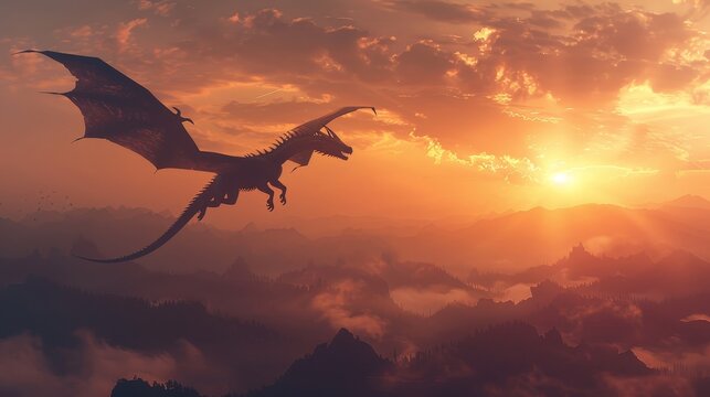 A dragon is flying in the sky above the mountains at sunset.