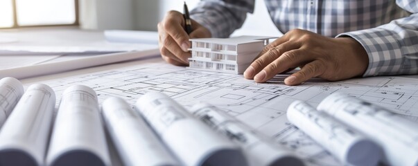 Architect placing 3D house model on blueprints