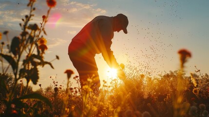 A farmer harvesting honey from a beehive in a field of flowers at sunset.