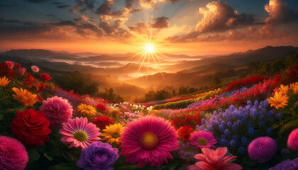 flowers herald the sun's descent, creating a tapestry of color against the serene backdrop of distant mountains and a sky painted with the soft hues of twilight.