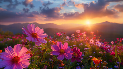 flowers herald the sun's descent, creating a tapestry of color against the serene backdrop of distant mountains and a sky painted with the soft hues of twilight.