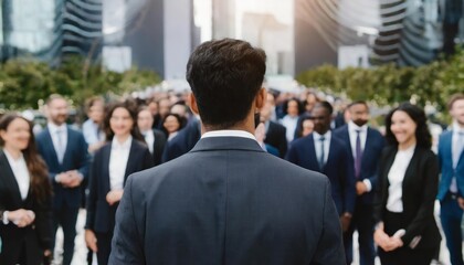 Fototapeta premium Back view of a businessman standing in front of a crowd of people