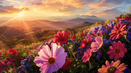 flowers herald the sun's descent, creating a tapestry of color against the serene backdrop of distant mountains and a sky painted with the soft hues of twilight. - obrazy, fototapety, plakaty