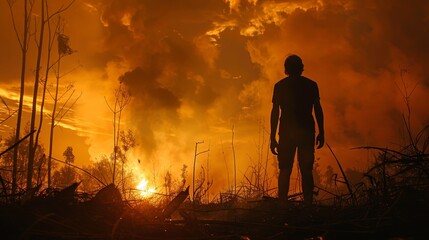 Fototapeta premium A firefighter is standing in a burnt forest. The sky is orange and the trees are silhouetted against the flames.
