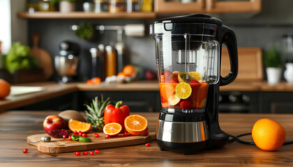 Modern blender with fresh fruits and cutting board on table in kitchen - obrazy, fototapety, plakaty