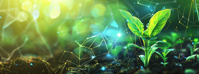Young Sprout Agricultural Technologies, Scientific Research Banner, Organic Digital Background. Copy Space-AI generated image
 - Powered by Adobe