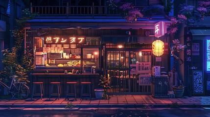 Lofi Ramen Spot: Japanese City Evening, Cartoonish Anime Style, Cozy Asian Architecture