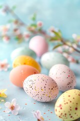 The eggs are of different colors, including yellow, pink, and white