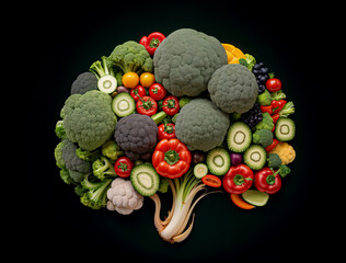 A set of vegetables in the shape of a tree or a human brain on a black background. The concept of healthy eating or vegetarianism. Close up