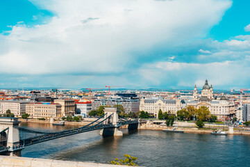The River Danube and Szechenyi Chain Bridge, view from Buda Castle. Budapest, Hungary