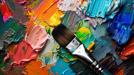 Paintbrush on colorful oil paint.