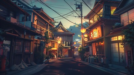 Cozy Anime City: Japanese Town Evening, Lofi Vibes, Traditional Asian Houses