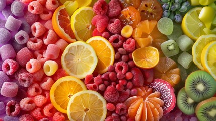 This close-up view showcases a variety of differently colored candies, each bursting with delicious fruit flavors. The candies are arranged in a vibrant and enticing display - obrazy, fototapety, plakaty