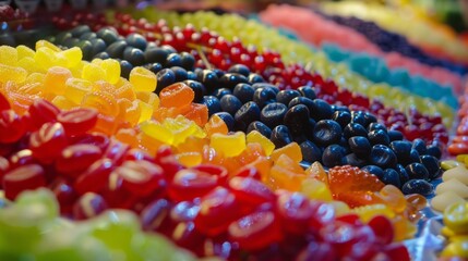 This close-up view showcases a variety of differently colored candies, each bursting with delicious fruit flavors. The candies are arranged in a vibrant and enticing display - obrazy, fototapety, plakaty