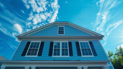 A blissful sky blue house with traditional windows and shutters blends harmoniously into the...