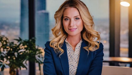 Fototapeta premium Beautiful woman wearing a structured blazer , Elegance of business female at work with wavy hair